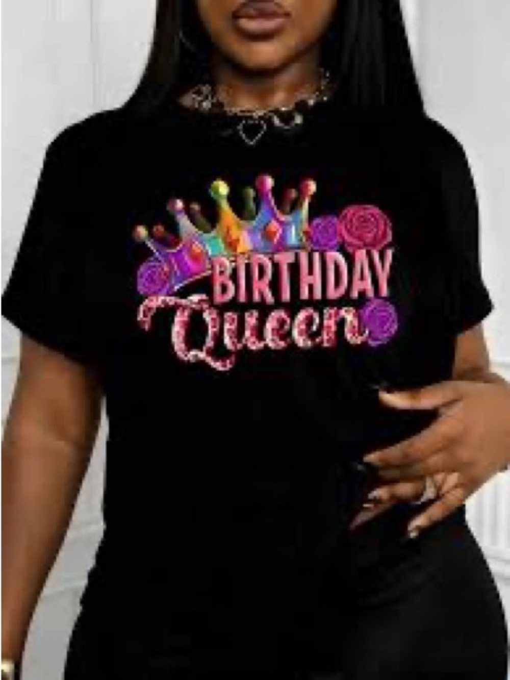 Birthday Queen Black Party Tee - Colorful Crown Design